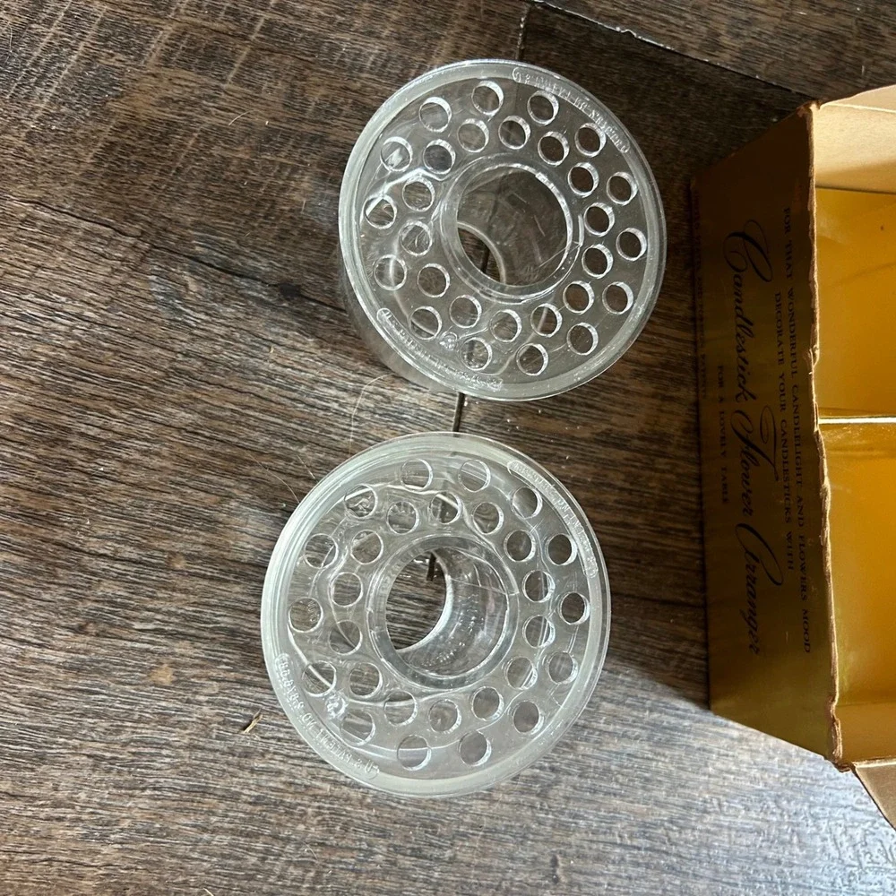 Vintage Candlestick Flower Arranger Set of 2 Clear Plastic Floral Frogs MCM Box